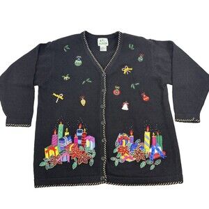 The Quacker Factory Christmas Sweater Cardigan‎ Ornaments Presents Candles 1X
